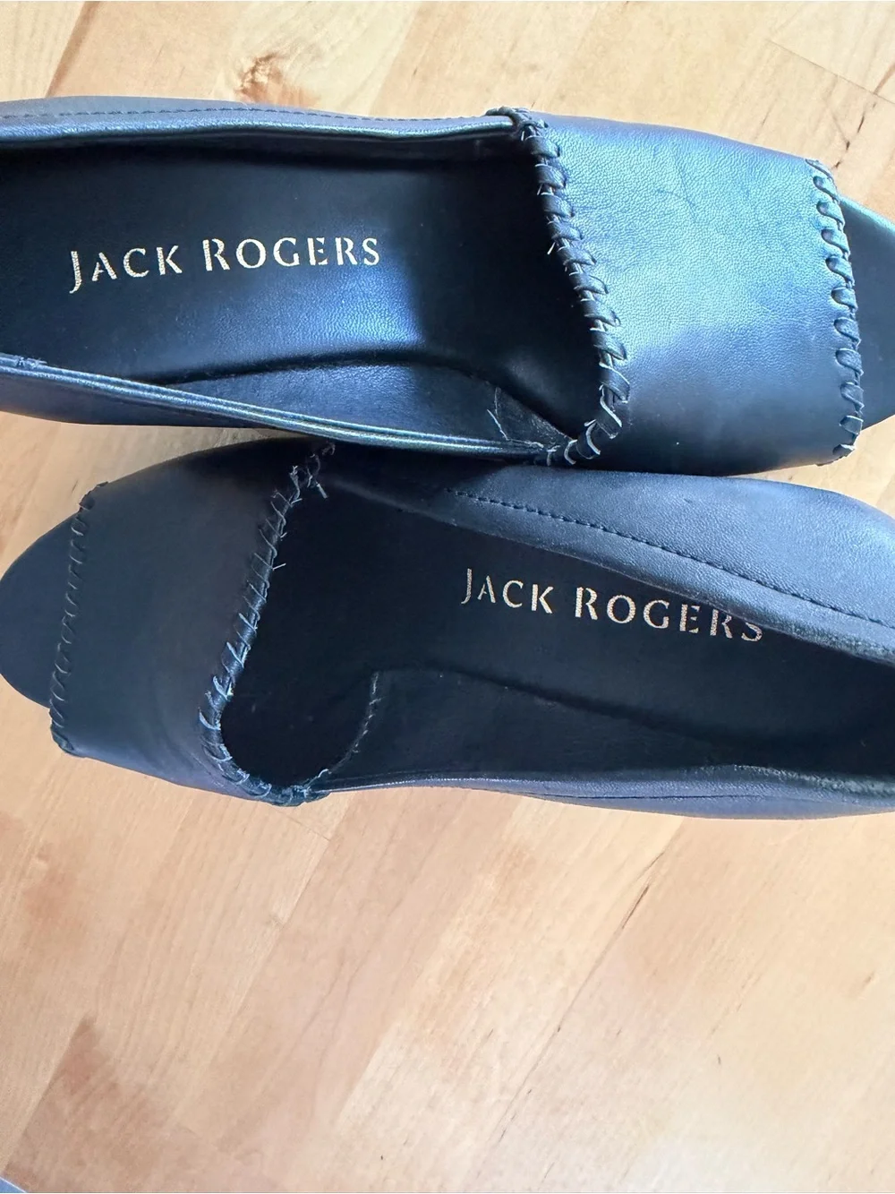 Jack Rogers Black Leather Peep-Toe Wedge Sandals